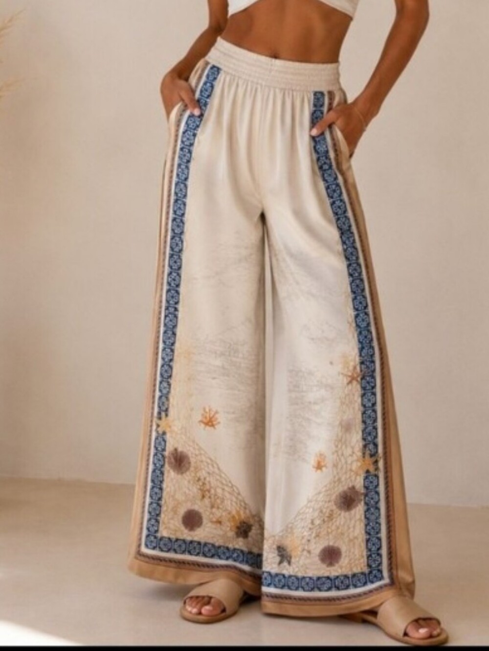 Current Air Cream Wide-Leg Palazzo Pants with Blue Trim
